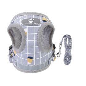 Pet Mesh Harness Dog Leash Set Reflective Chest Strap Adjustable Puppy Vest For Puppies Breeds Dogs Cats Walking Outdoor (Option: GreyCheckered_XS)