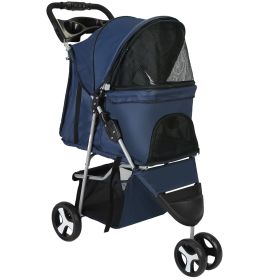 3 Wheels Pet Stroller Foldable Carrier Strolling Cart Travel Jogger Pet Stroller with Removable Liner Storage Basket for Dog Cat (Option: Blue)